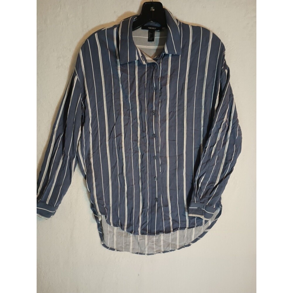 FOREVER 21 Button Down Long Sleeve Blue Striped Casual Shirt Women's Size Small